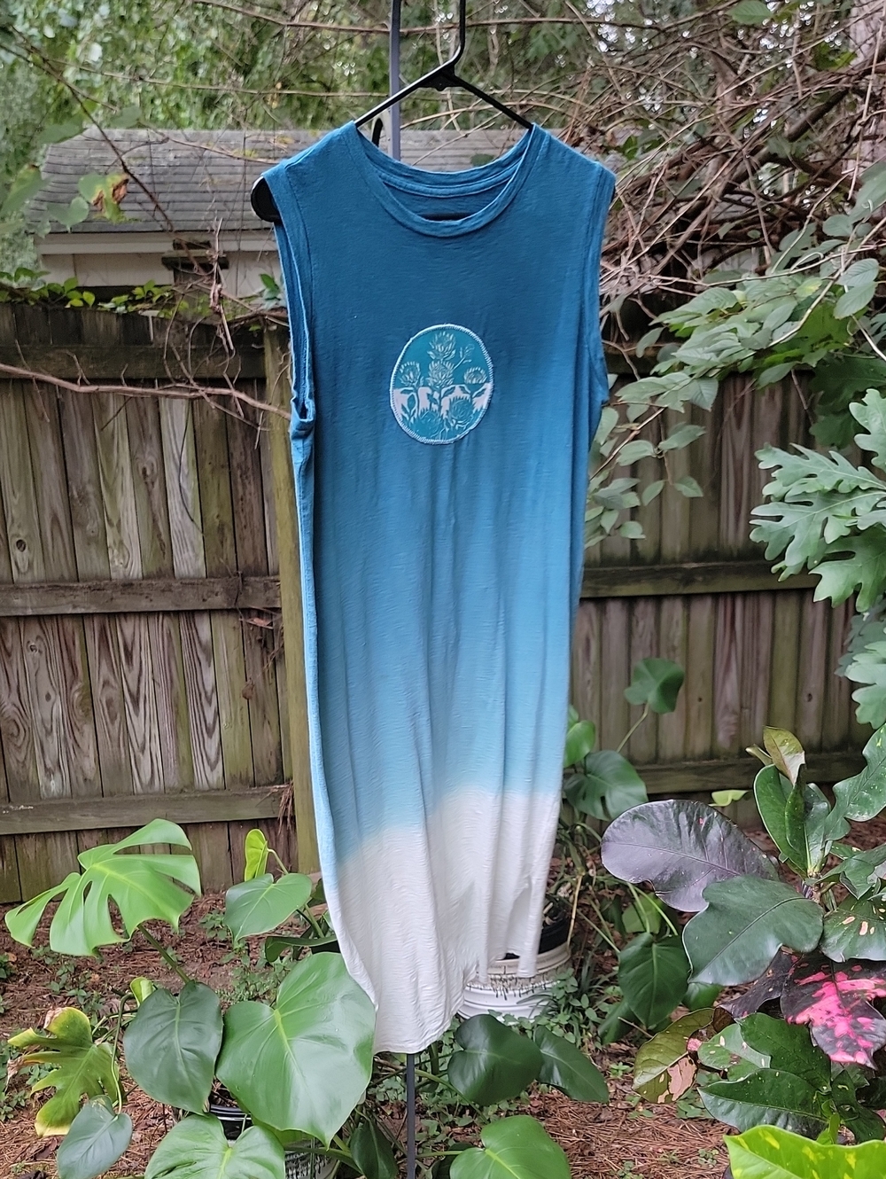 Custom Upcycled Hand-Printed Protea Dip-Dye Tank Dress - Large